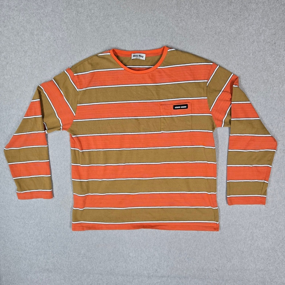 Miu Miu Men Shirt M Orange Striped Crew Neck Pullover Long Sleeve Italy READ